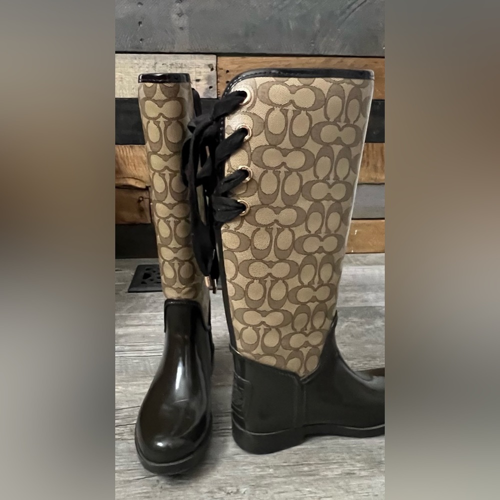 Coach Monogram Tall Rain Boots with Tie